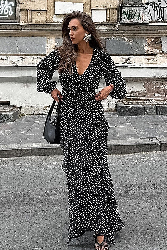 Black V-Neck Polka Dot Puff Sleeve A-Line Maxi Dress