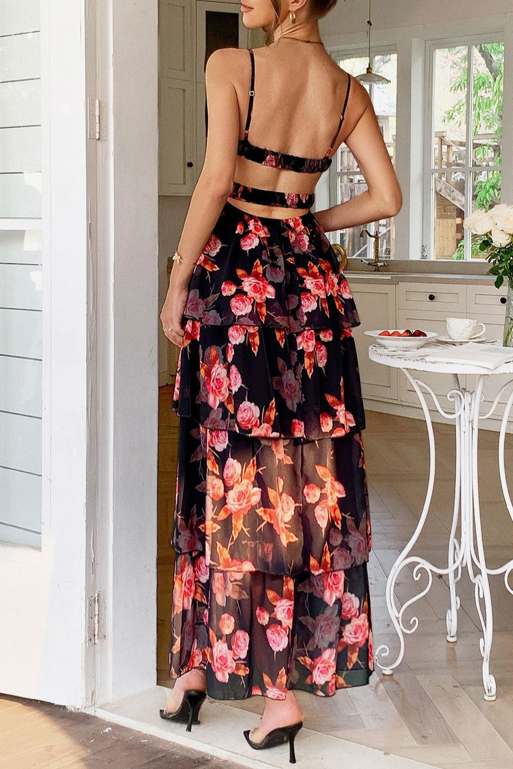 Spaghetti Strap Deep V Floral Print Tiered Ruffle Maxi Dress 3