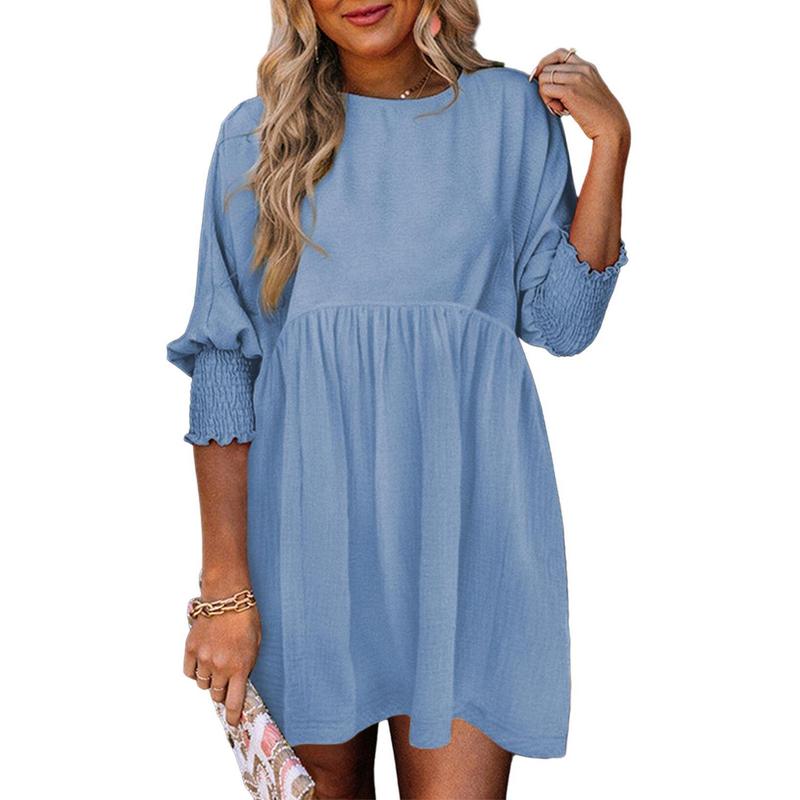 Round Neck Textured Smocked Cuff Sleeve Babydoll Mini Dress