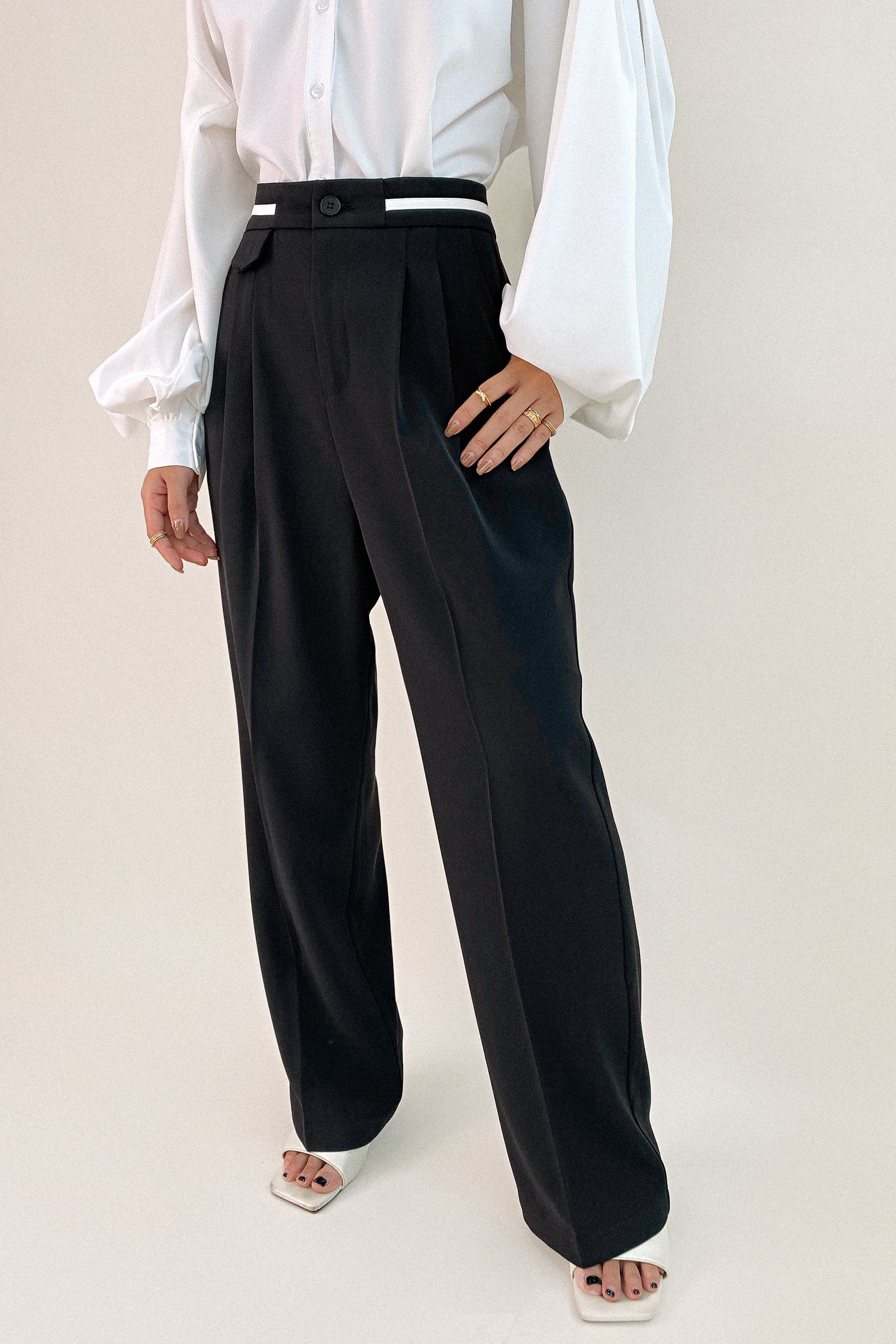 Black Contrast Strap Detail Wide Leg Work Pants