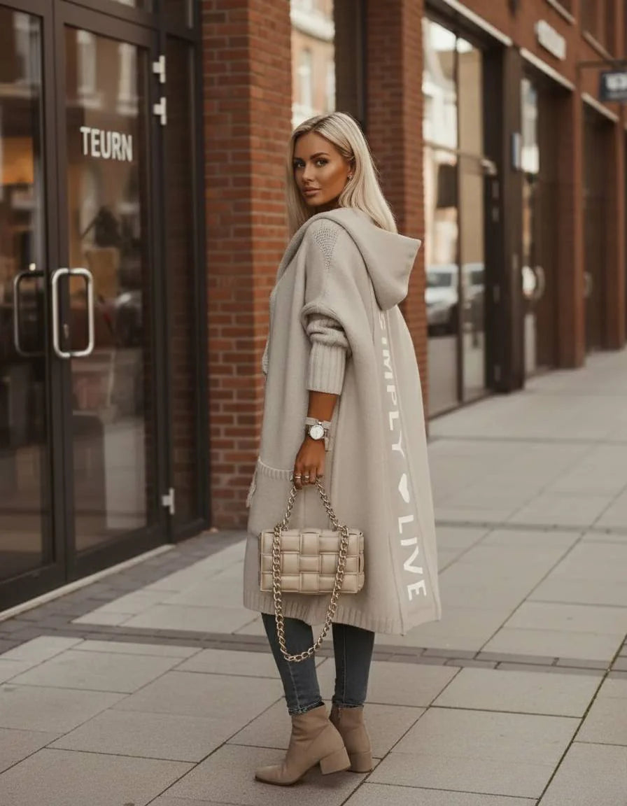 Fashion Geometric Print Long Sleeve Hooded Casual Loose Trench Stylish Coat