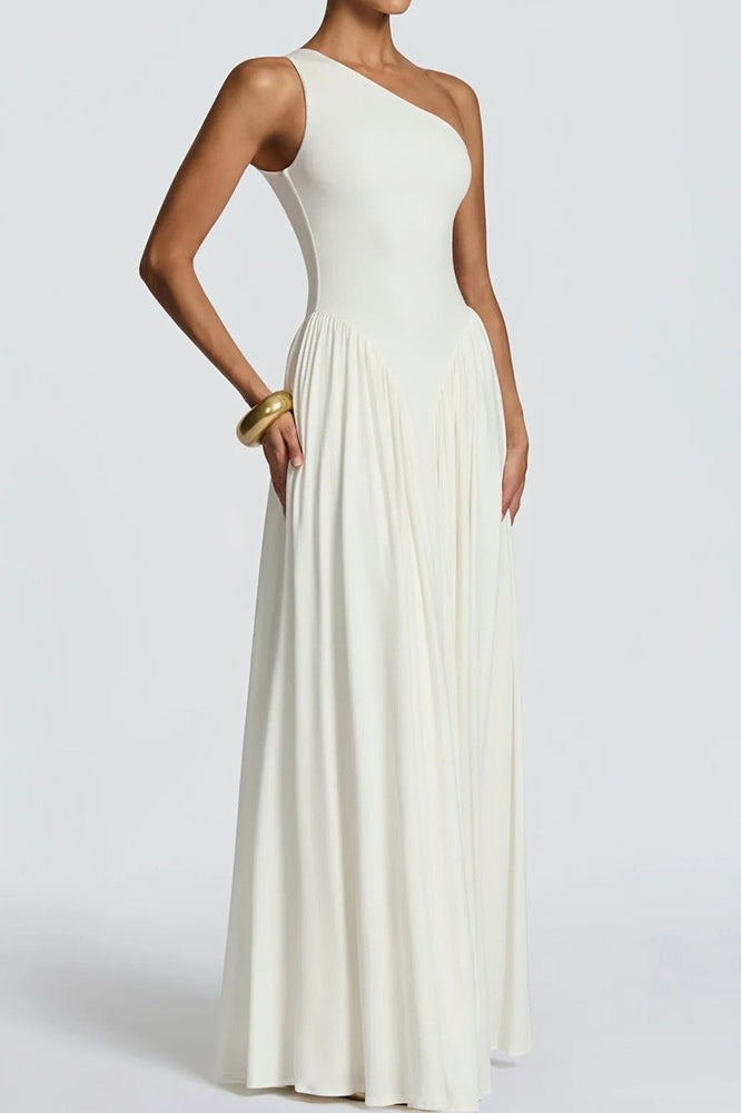 Solid One Shoulder Ruched Maxi A Line Party Dress
