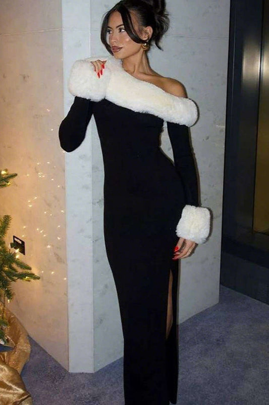 Fur Trim Cold Shoulder Bodycon Dress 2