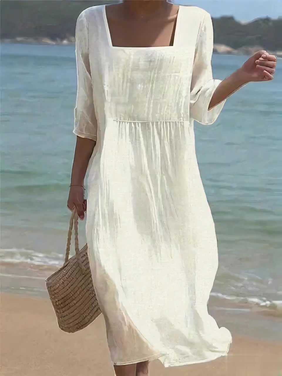 Square Neck Half Sleeve Linen Empire Waist Maxi Dress