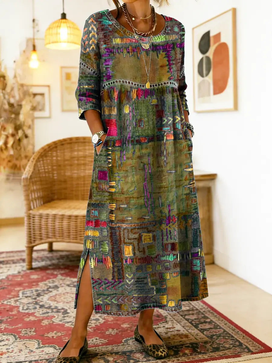 Round Neck Abstract Patchwork Print Long Sleeve Side Slit Maxi Dress