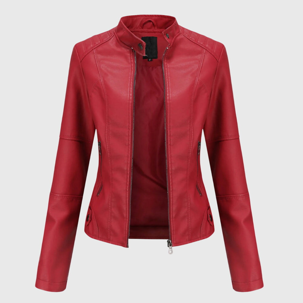 Stand Collar Faux Leather Zip-Front Fitted Moto Jacket 5