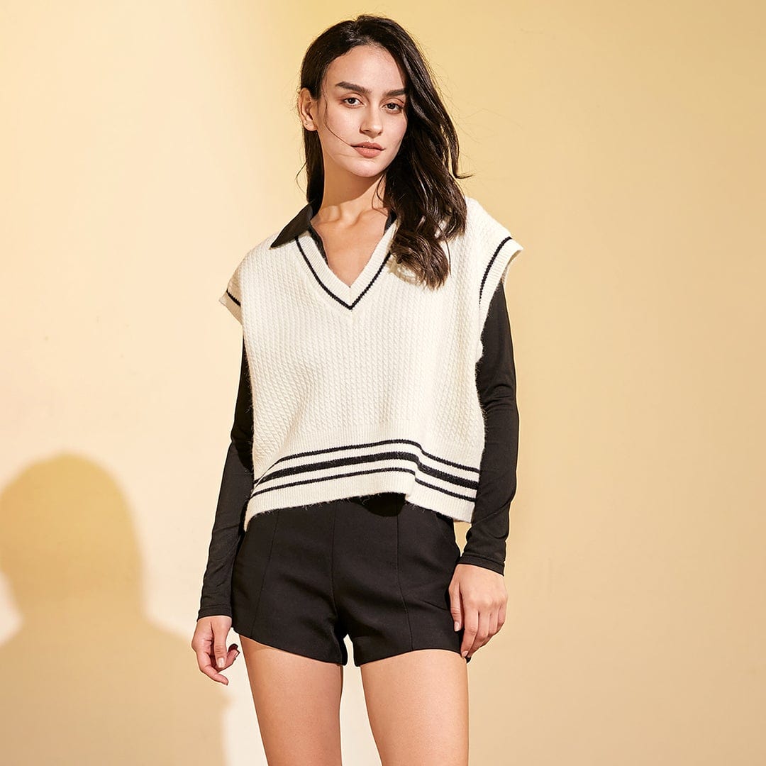Beige Contrast Trim Cropped Sweater Vest