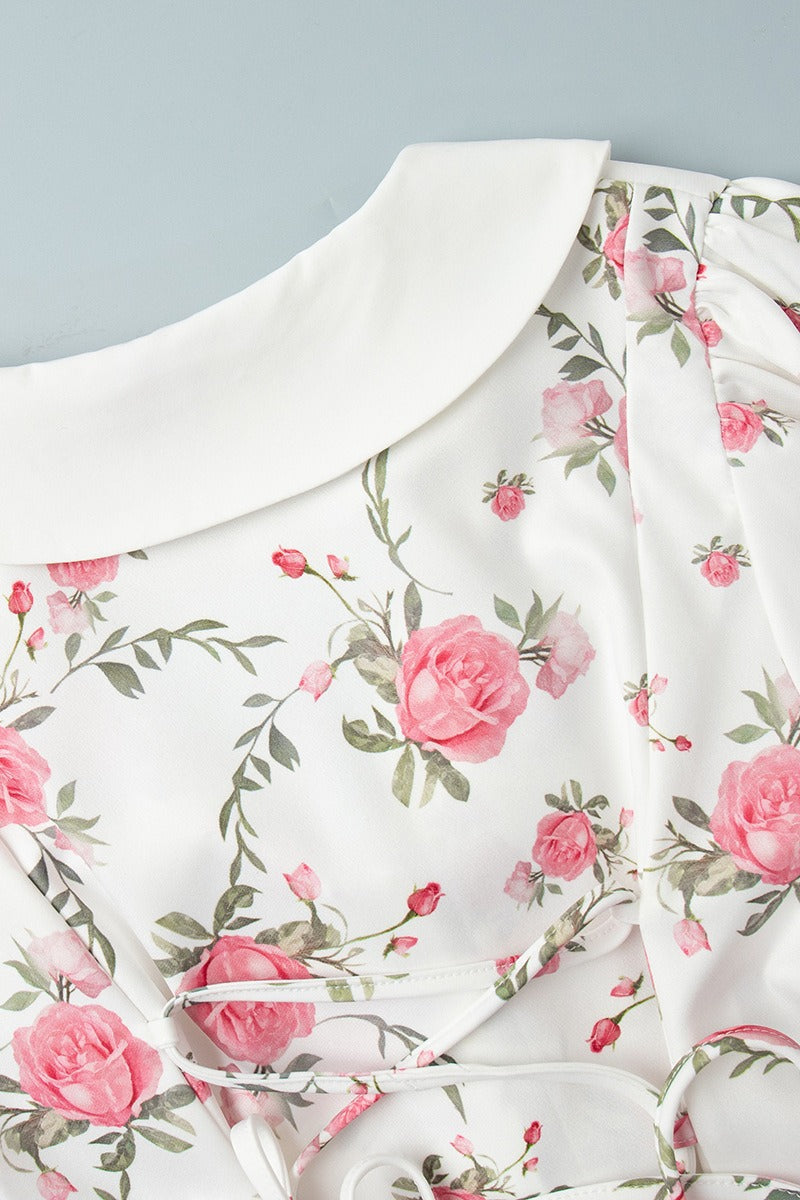 Oversized Collar Puff Sleeve Pearl Button Ruffle Tier Hem Floral Print Mini Dress 11