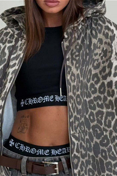Leopard Zip-Up Loose Hoodie