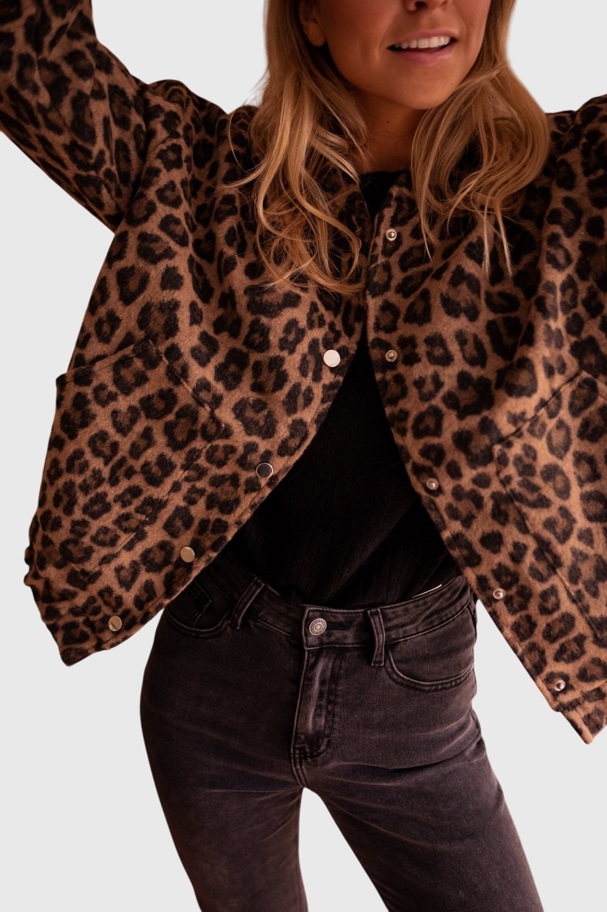 Leopard Collared Button Front Long Sleeve Leopard Print Jacket