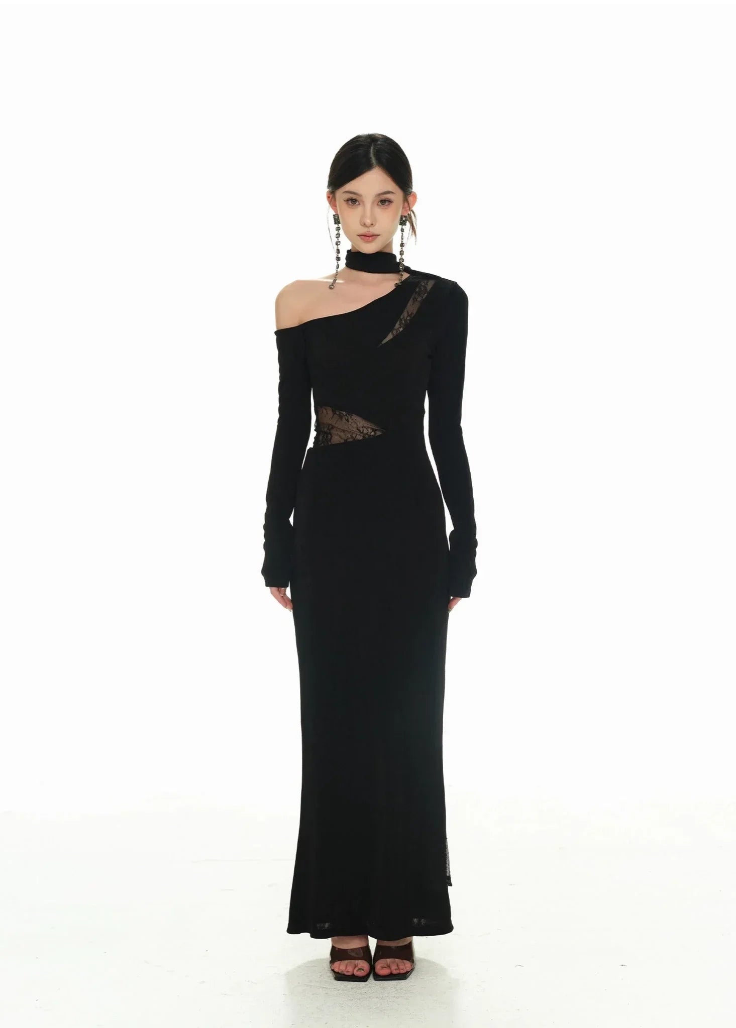 Black Asymmetric Neckline and Lace Inserts Long Evening Gown
