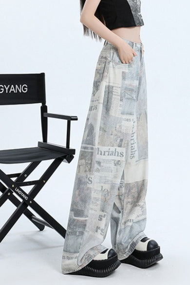 Newspaper Print Wide Leg Jeans