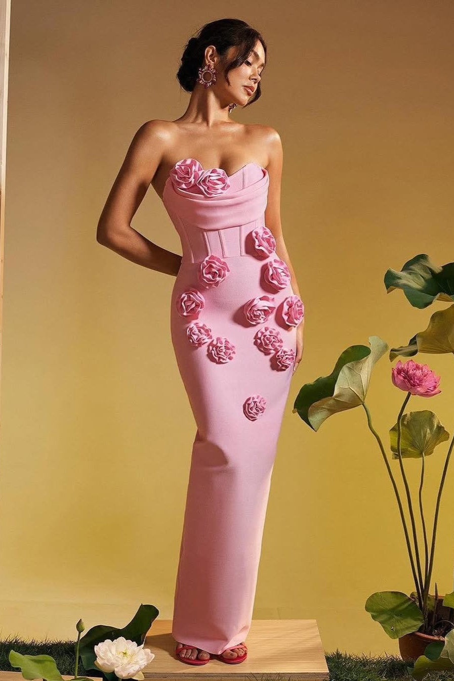 Strapless Floral Bandage Party Dress XS / Pink