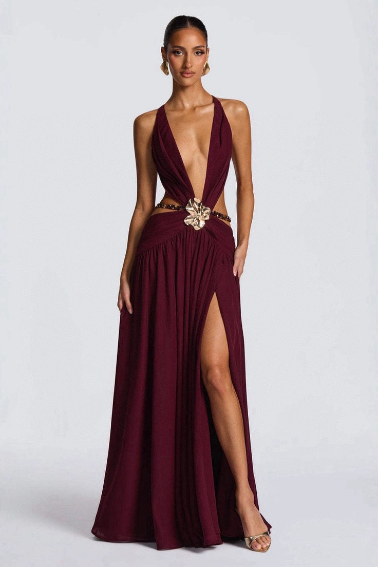 Plunging V Neck Halter Cut Out Waist Buckle High Slit Maxi Dress 2