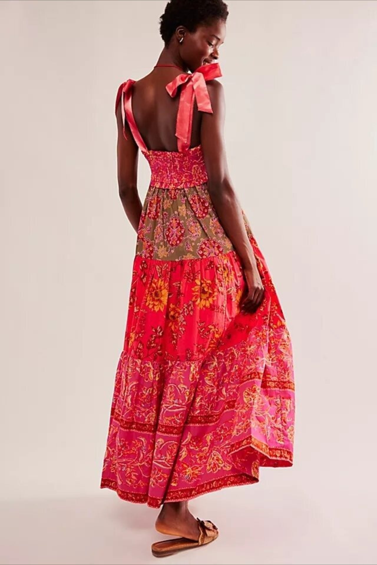 Smocked V Neck Bow Shoulder Strap Mixed Floral Tiered Maxi Dress 11