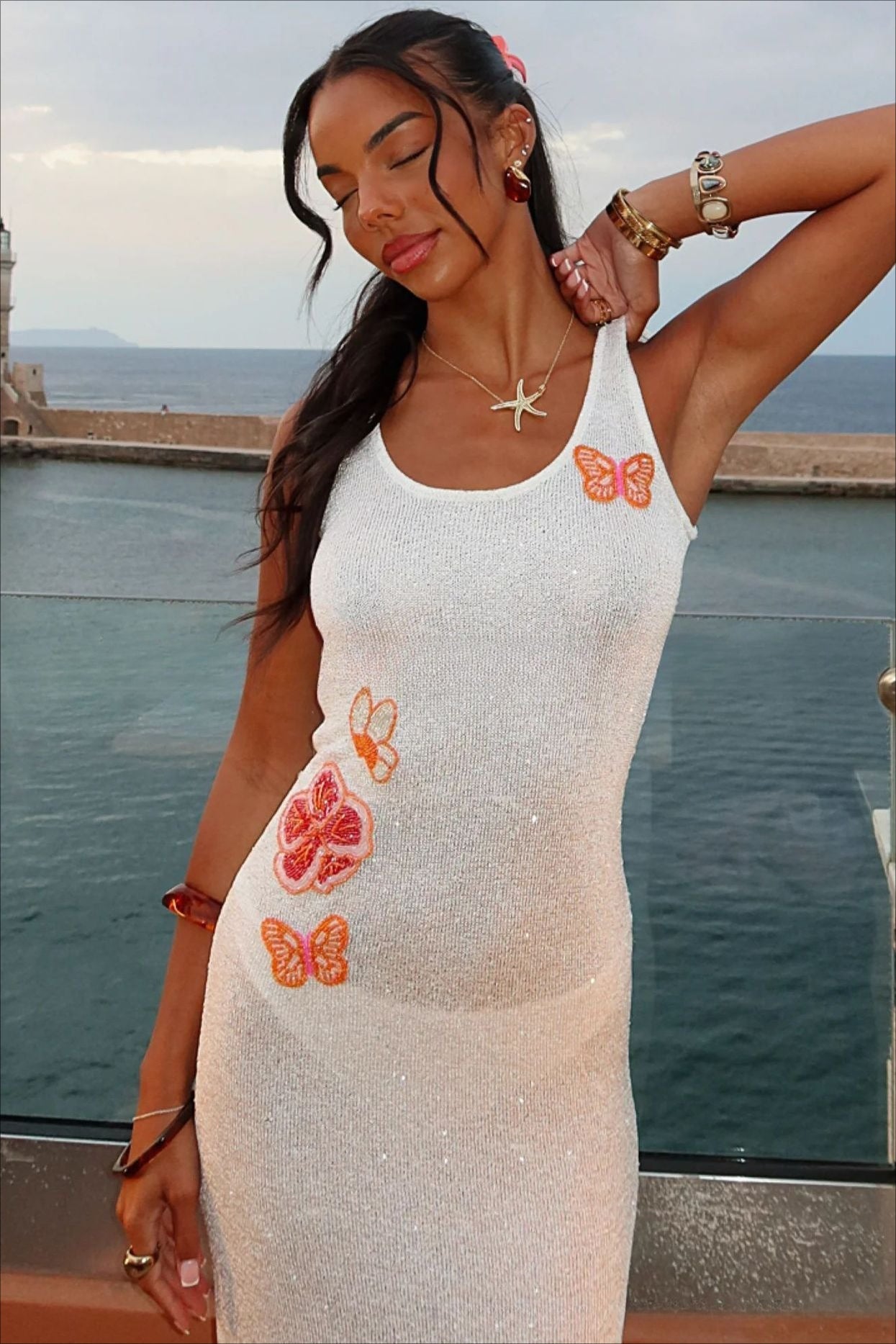Scoop Neck Shell Starfish Beaded Applique Shimmer Rib Knit Bodycon Dress 8