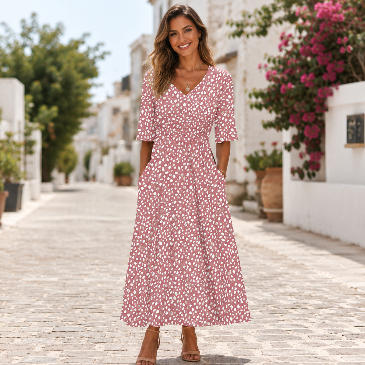 Pink V-Neck Short Sleeve Spotted Print Smocked Waist A-Line Midi Dress