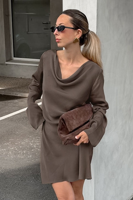 Cowl Neck Long Sleeve Fitted Midi Dress