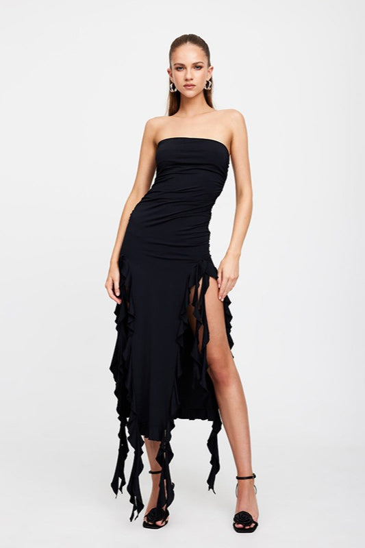 Strapless Ruched Ruffle Trim High Slit Midi Dress 9