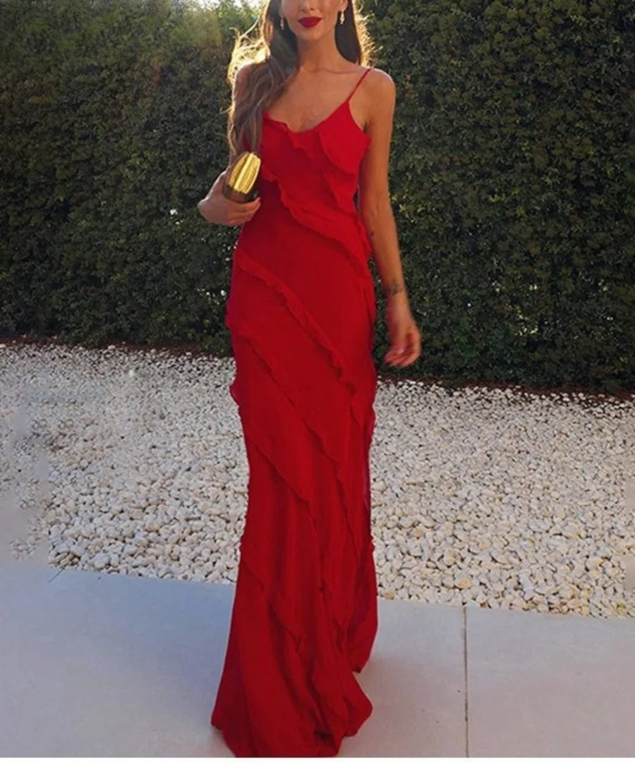 Elegant Ruffles Chiffon Backless Split Maxi Red Party Dress