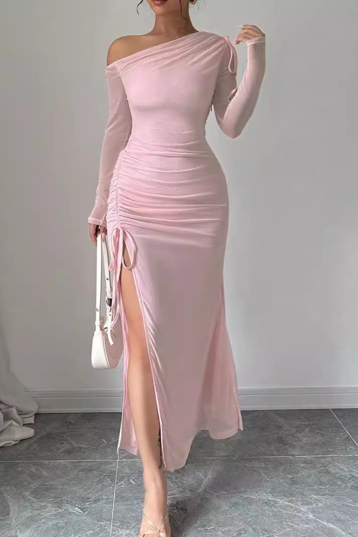 Sweet One Shoulder Mesh LongSleeve Slit Bodycon Dress