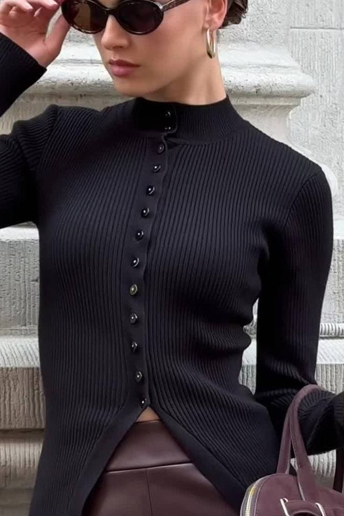 Slim Stand Collar Single Breasted Long Sleeve Knit Cardigan