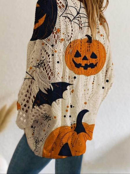 Halloween Pumpkin Print Long Sleeve Knit Top