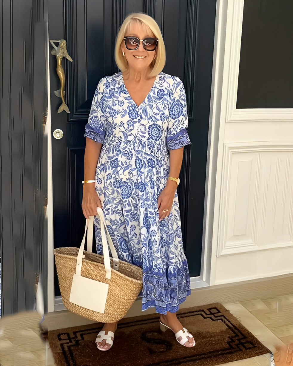 V-Neck Floral Print Puff Sleeve Tiered Flowy Maxi Dress