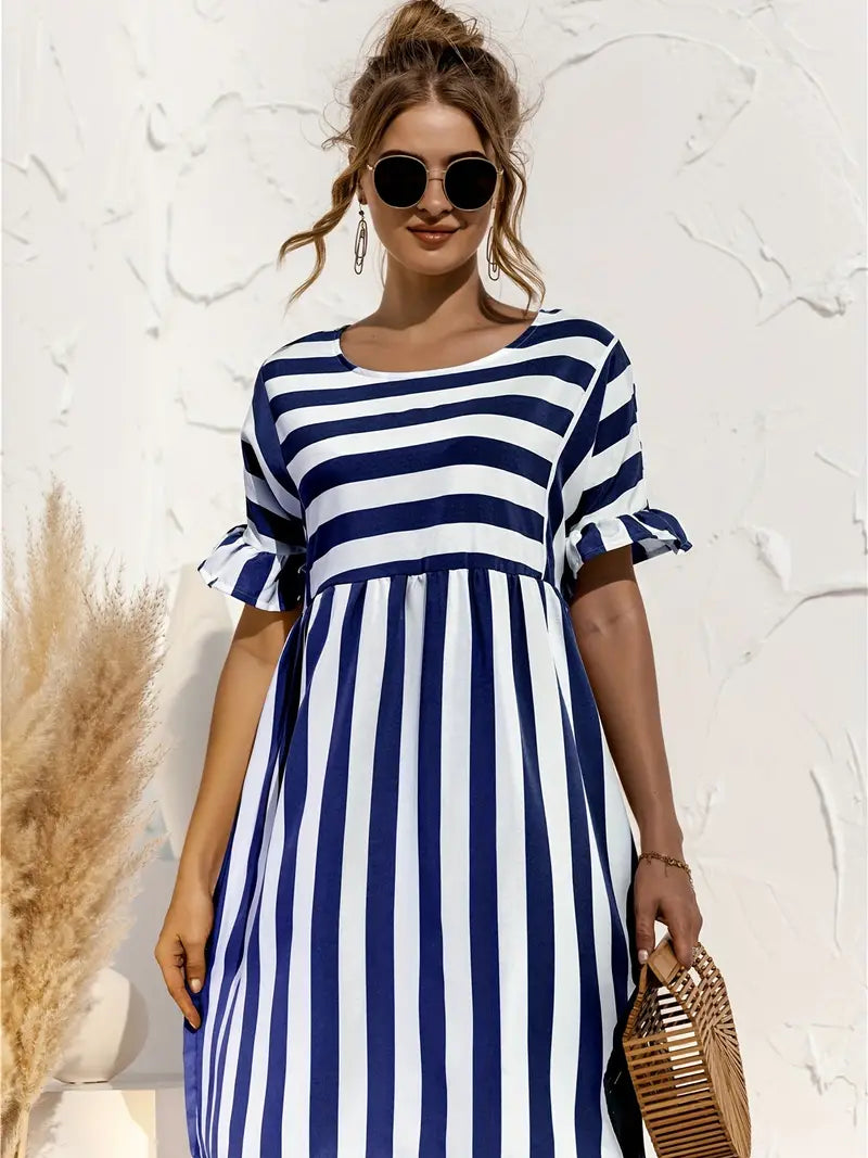 Navy Striped Summer Dress With Short Sleeves S / Black Navy Blue Striped Dress