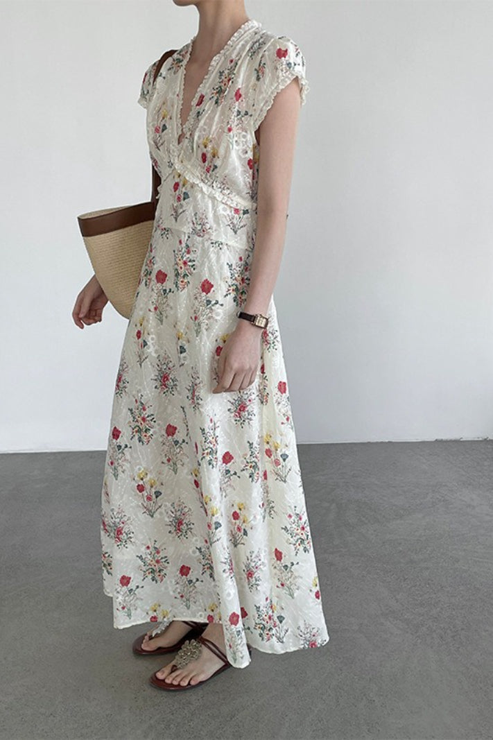 Elegant V Neck Embroidery Waist Long Floral Dress