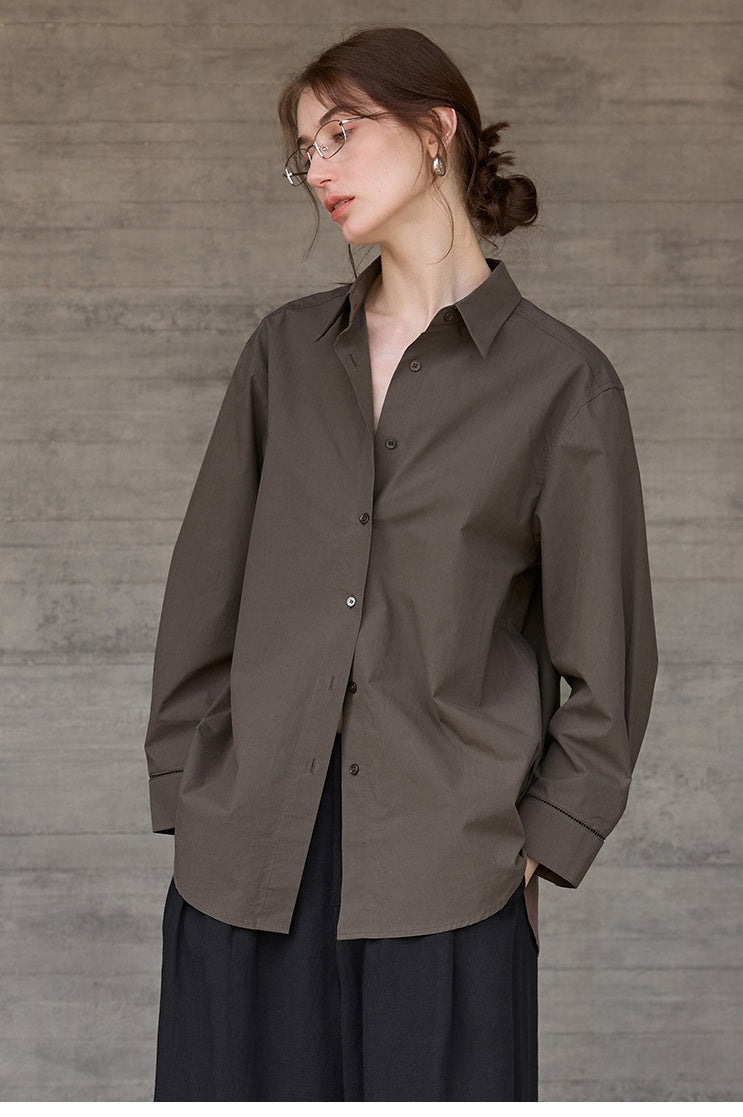 White High-Density Cotton Long-Sleeve Collared Blouse