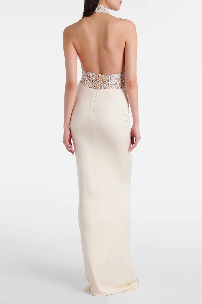 Halter Backless Lace Panel High-Waist Bodycon Party Dress