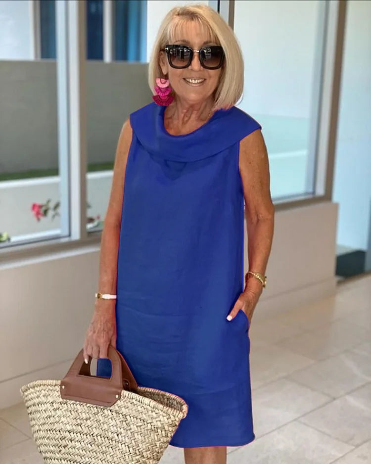 Cowl Neck Sleeveless Linen Pocket Shift Midi Dress