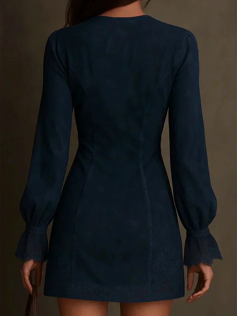 Zip-Front V-Neck Lace Trim Long Sleeve Bodycon Mini Dress