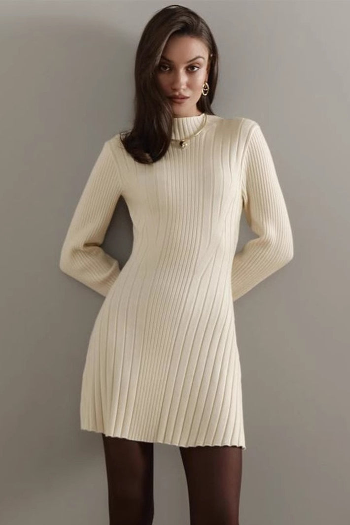 Elegant Playful Mock Neck Long Sleeve ALine Mini Knit Sweater Dress