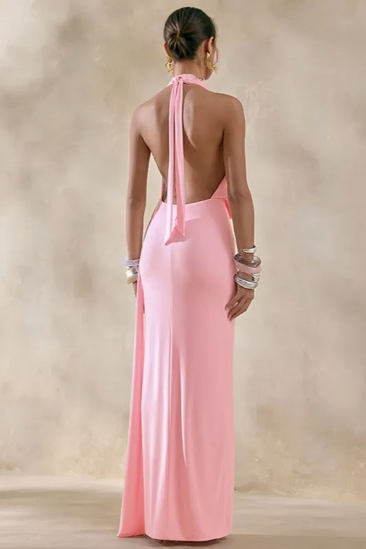 Asym Halter Backless Draped Party Dress