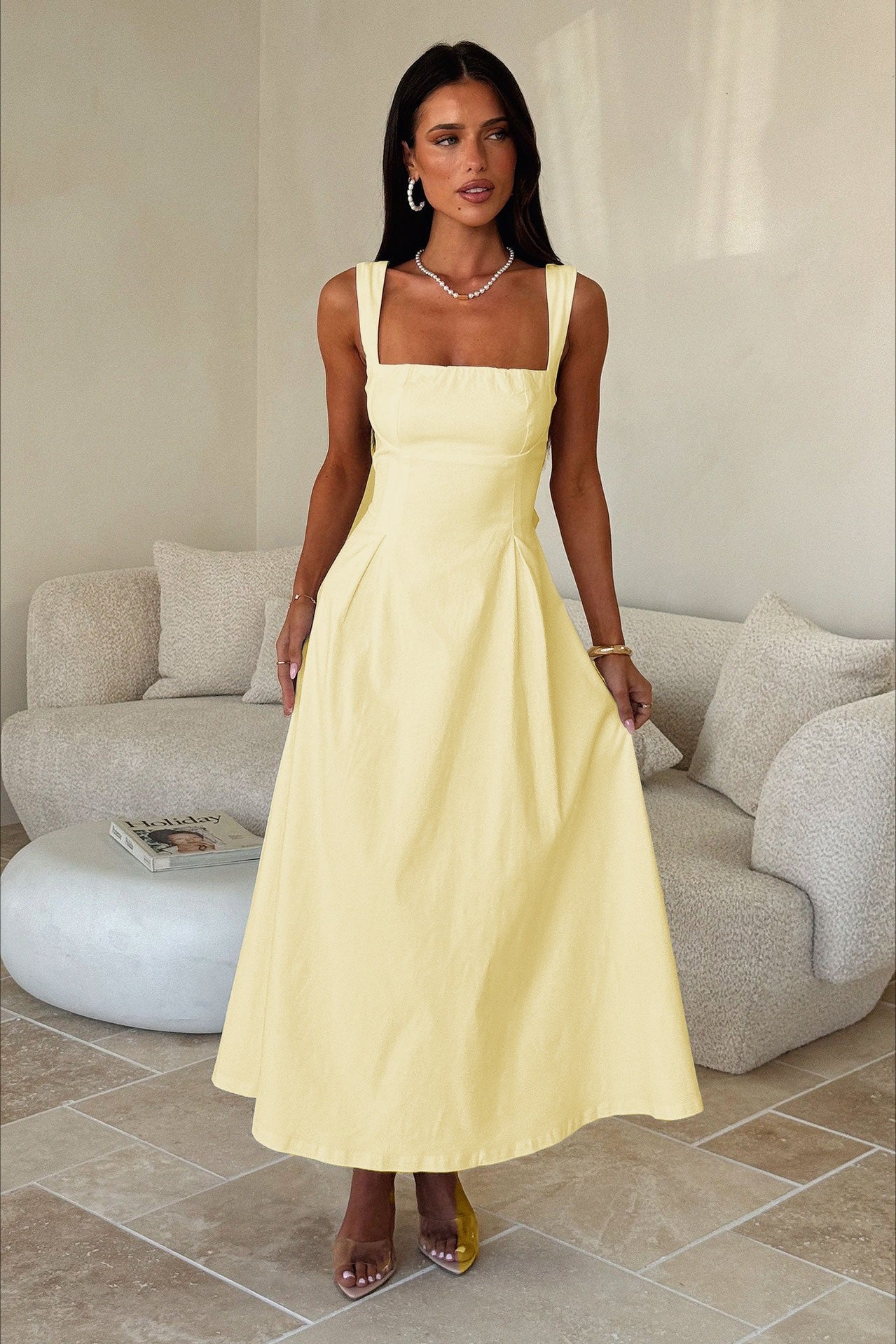 Square Neck Gathered Bust Wide Strap Pleated Pocket Midi Dress 7