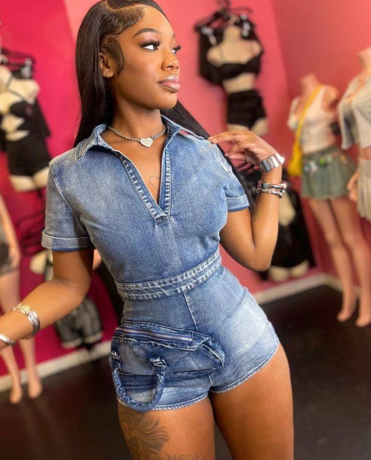 Pocket Denim Vneck Short Sleeve Romper