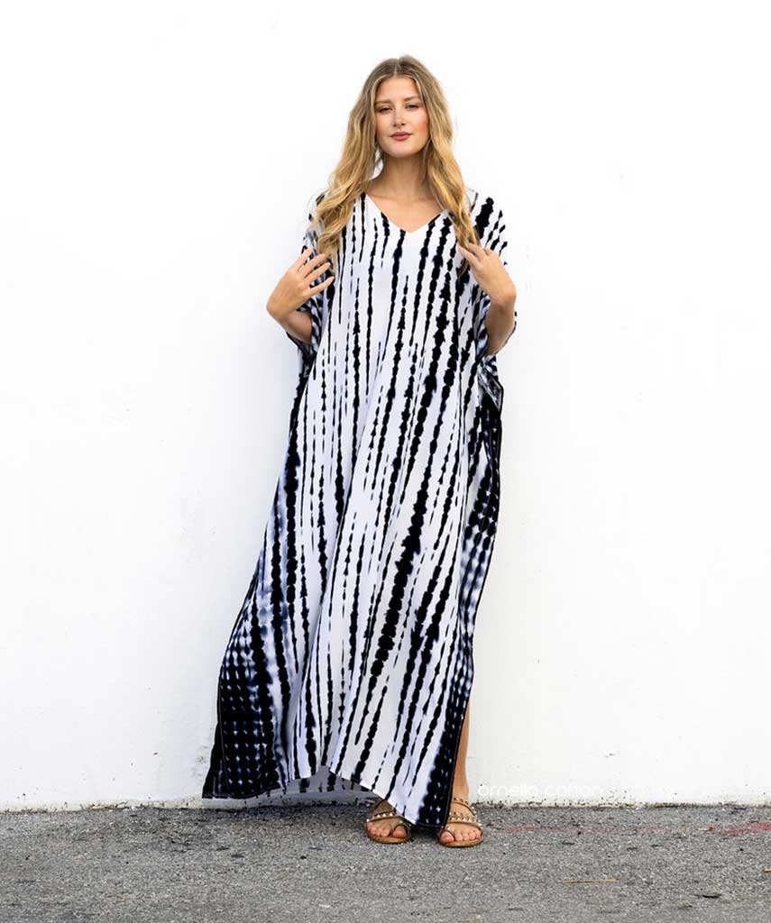 V-Neck Tie-Dye Stripe Short Sleeve Loose Kaftan Maxi Dress