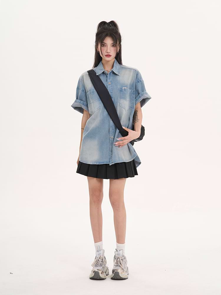 Oversized Faded Denim Button Shirt
