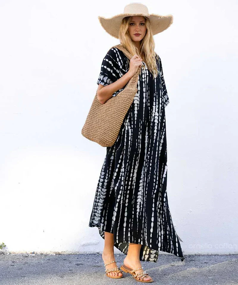 V-Neck Tie-Dye Stripe Short Sleeve Loose Kaftan Maxi Dress