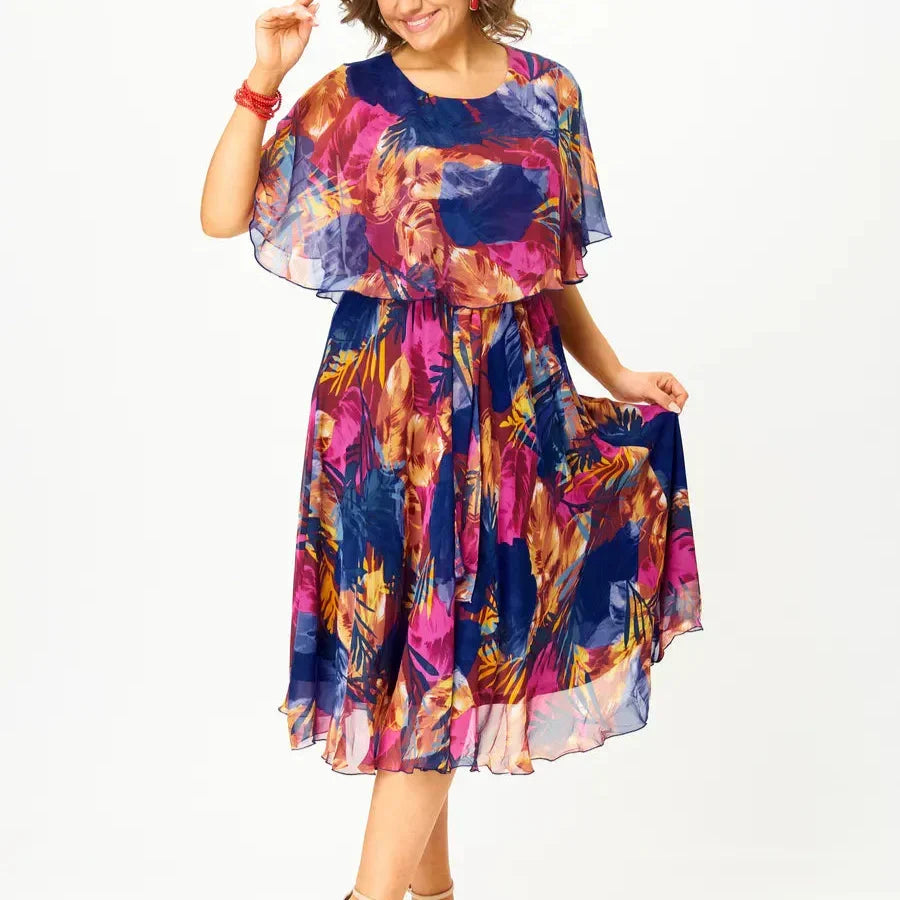 Round Neck Tropical Print Chiffon Cape Overlay A-Line Midi Dress