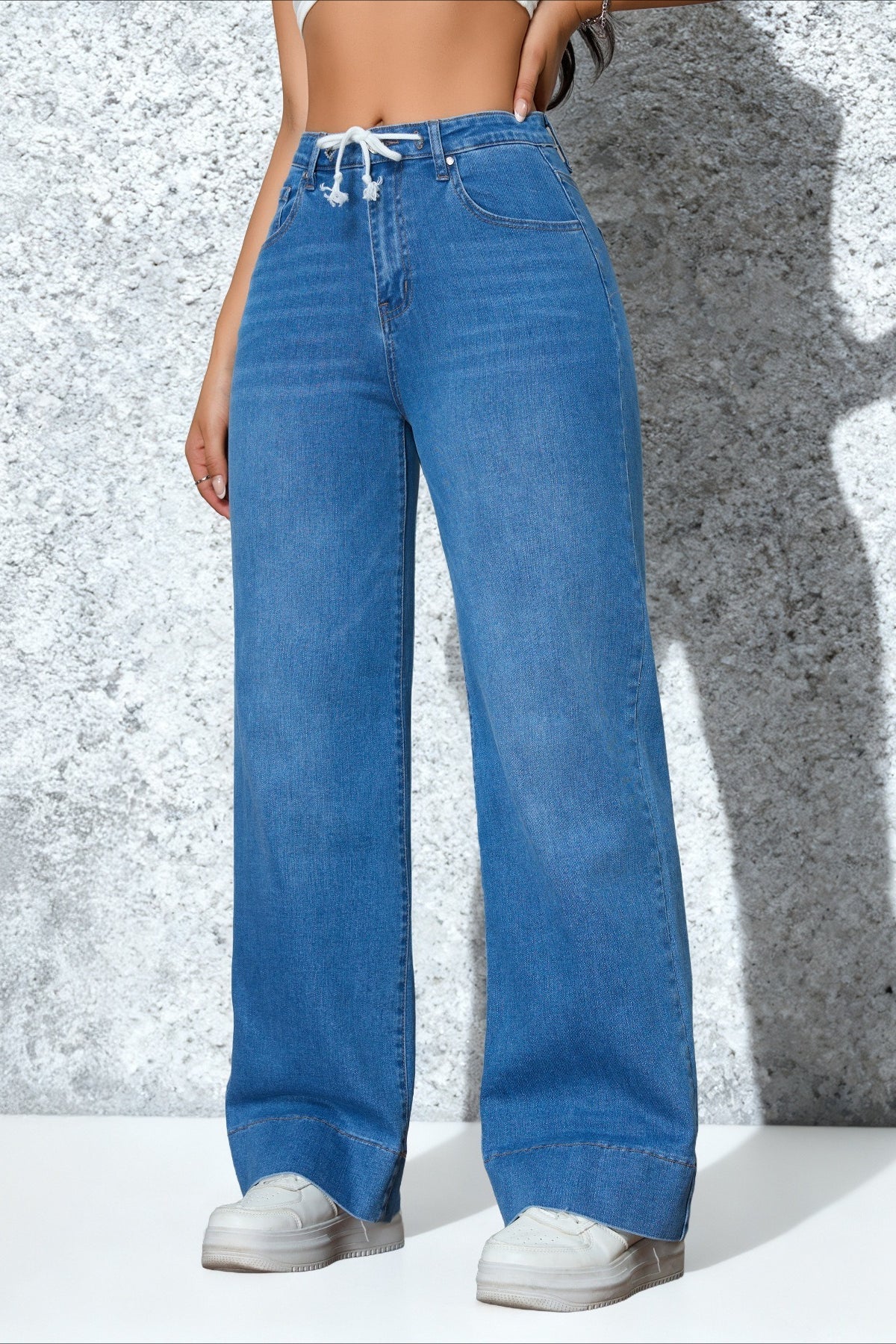 Drawstring Stretch Relaxed Straight Jeans