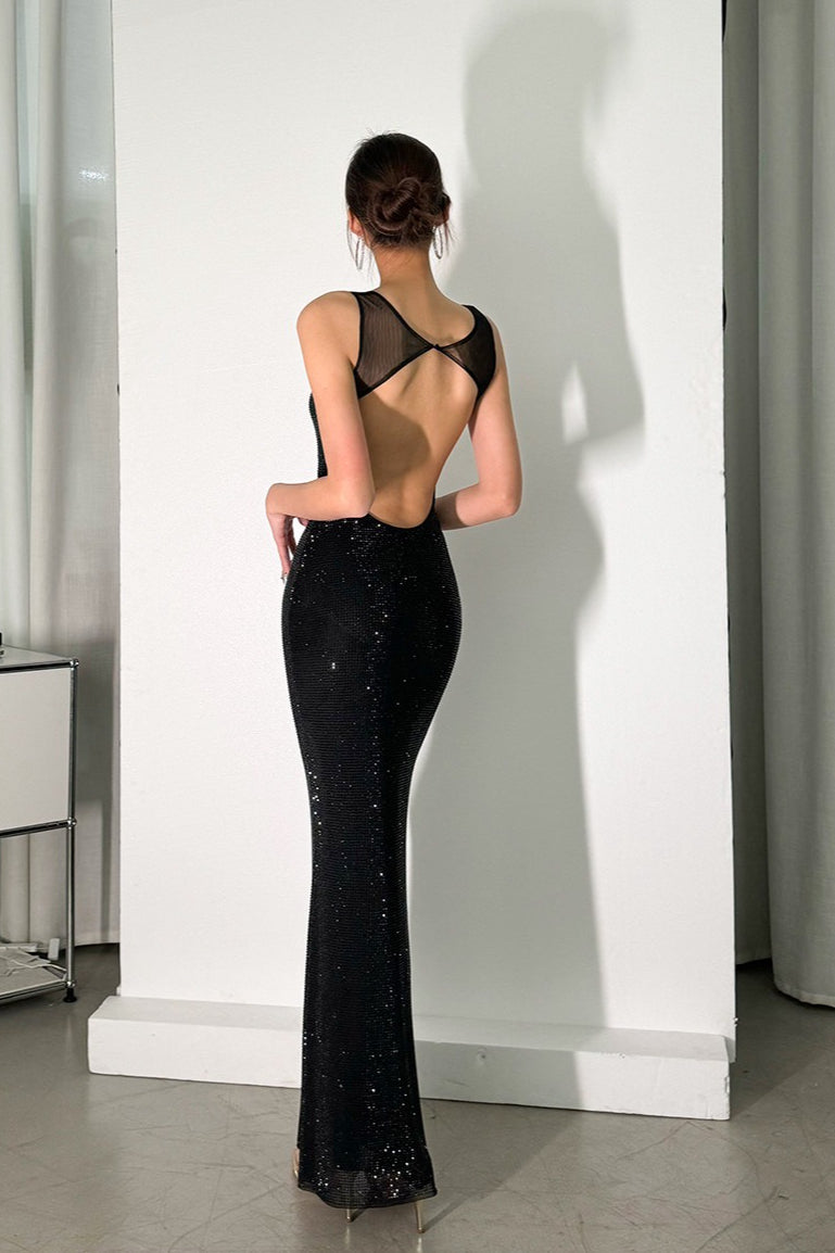 Rhinestone Cami Backless Bodycon Maxi Party Dress