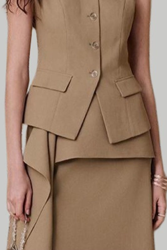 Ruffle Slit Skirt Elegant Two Piece Work Set