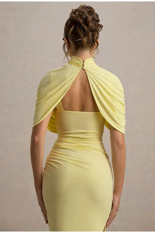 Solid High Neck Pleated Slim Waist Maxi Dress