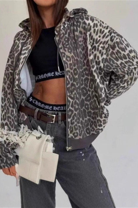 Leopard Zip-Up Loose Hoodie