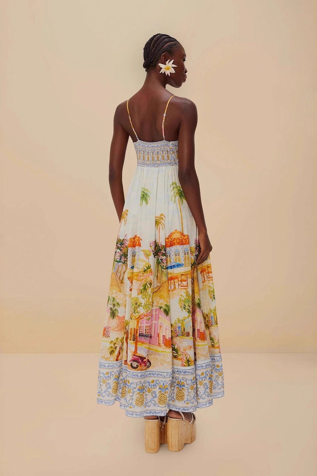 Linen Floral Print Midi Slip Dress