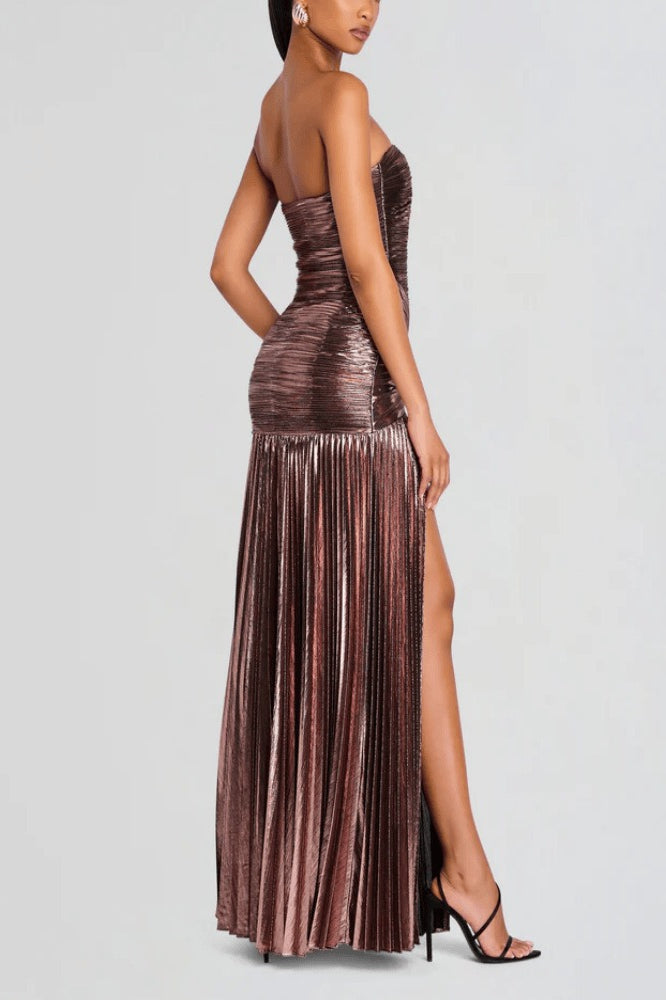Metallic Ruched Slit Strapless Sleeveless Party Dress