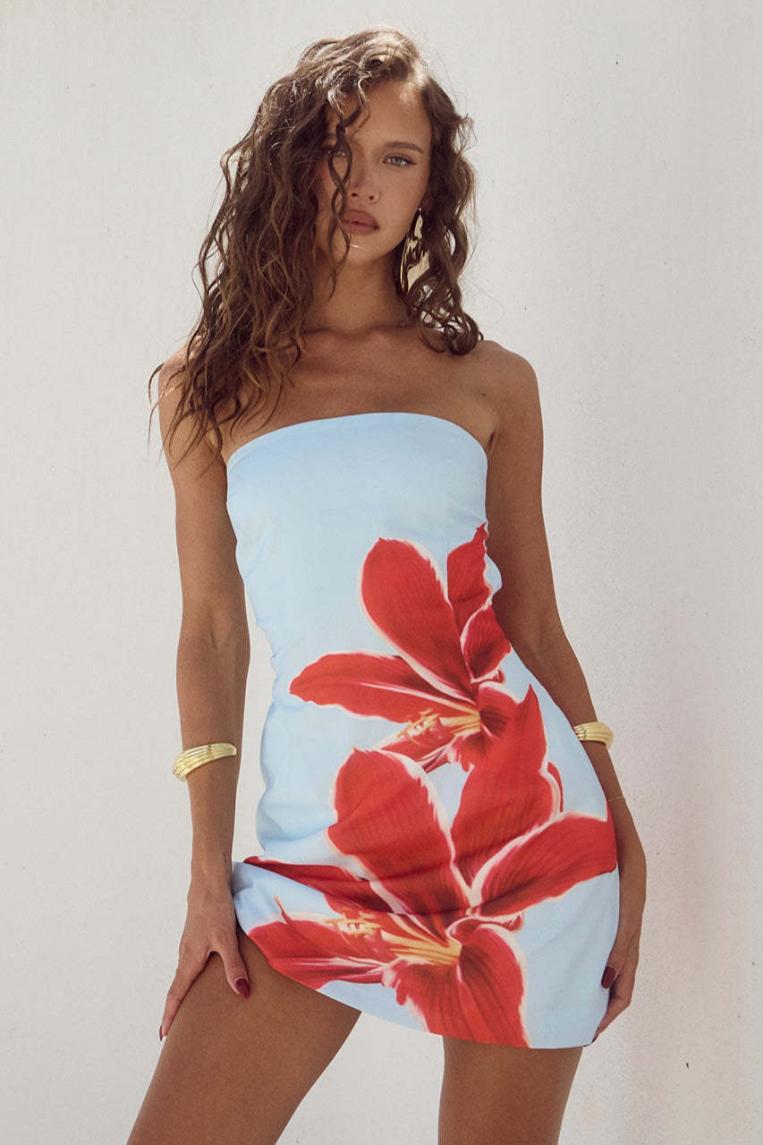 Strapless Floral Placement Print Tube Bodycon Mini Dress 2